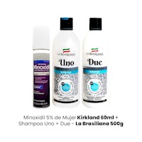 Minoxidil 5% de Mujer Kirkland 60ml + Shampoo Uno + Due  La Brasiliana 500g